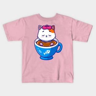 Cute Cat Fever In Coffee Cartoon Kids T-Shirt